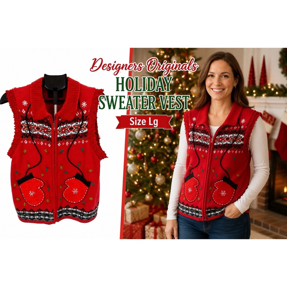 Designers Originals Studio Joy Christmas Sweater Vest Sz L Zip Front Ugly XMAS